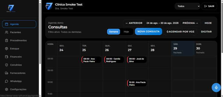 Tela de agenda do Dental Seven com consultas do dia