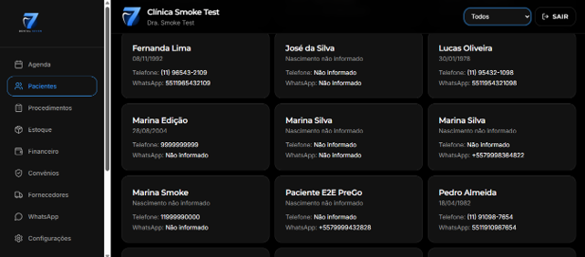 Lista de pacientes no Dental Seven